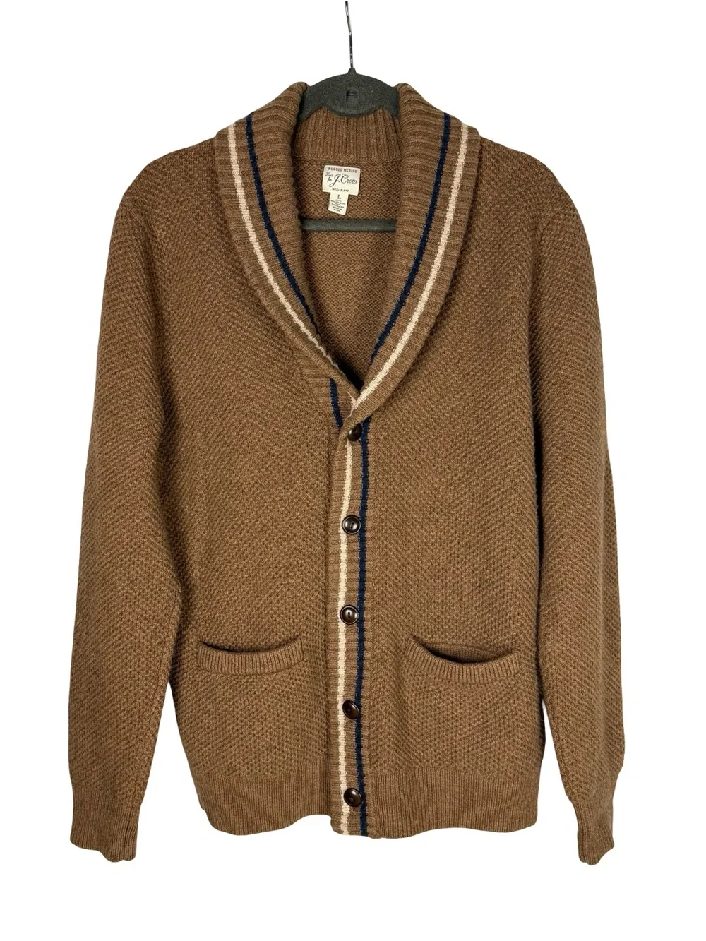 J. Crew Textured Men’s Rugged Merino Wool Shawl Cardigan Sweater Tan L